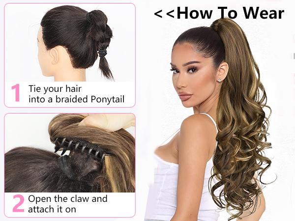 ALXNAN 24'' Long Wavy Claw Ponytail Extension Curly Wavy Pony Tail Clip in Claw Hair Extension Synthetic Hairpiece for Women Ideal for Any Occasion