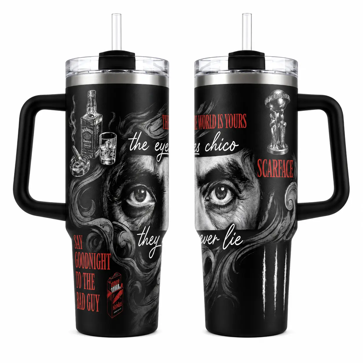 Scarface T0ny M0nt@na Tumbler 30oz 40oz With Handle, Classic Gangster Movie Fan Cup With The World Is Yours And Eyes Chico Inspired Artwork, Not Including The Straw Water Bottles Drinkware