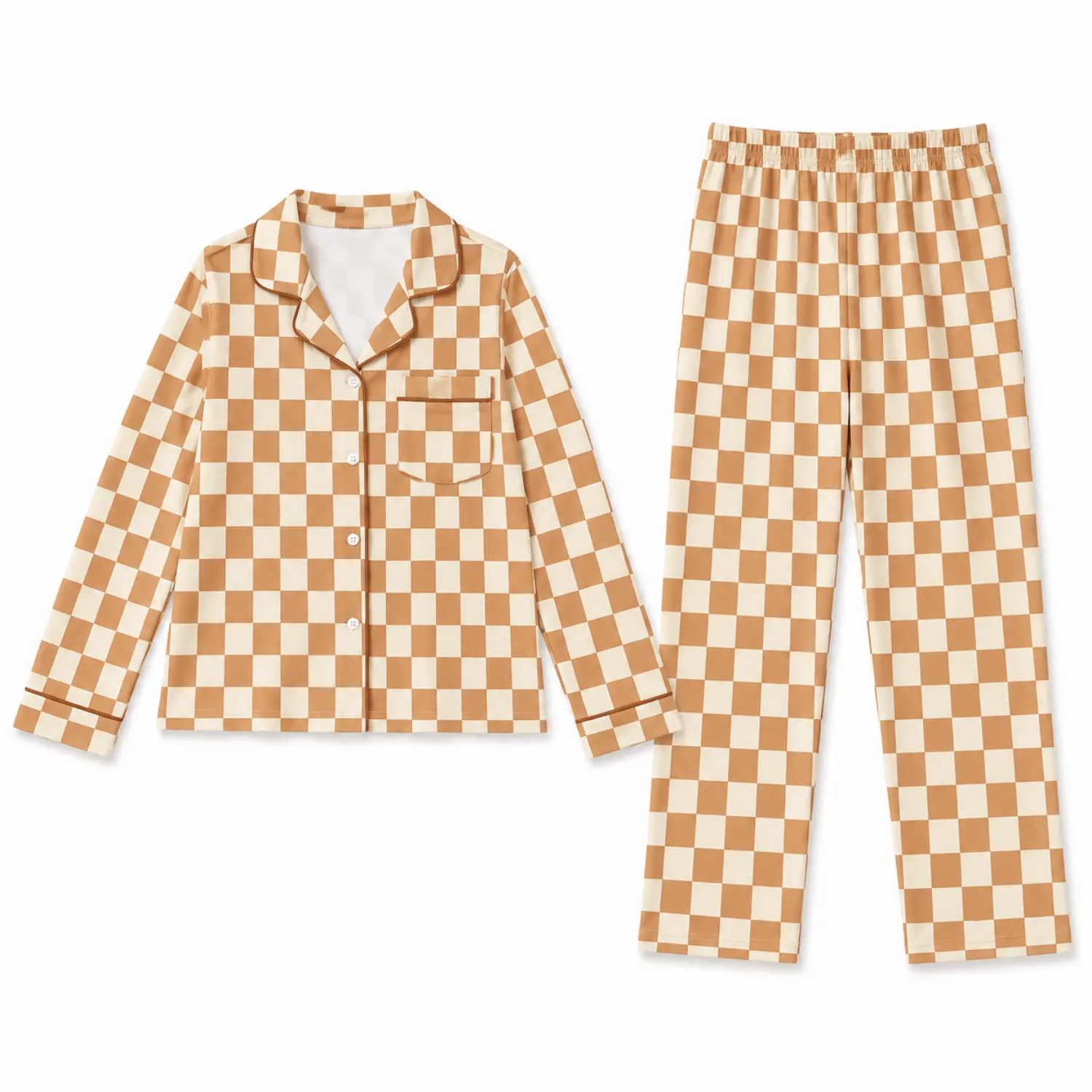 Women’s autumn winter checkered pajama set with long sleeve button-up top and matching full-length pants, soft lounge sleepwear outfit