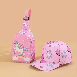 2pcs Youngsters's unicorn and love pattern fashion baseball cap and chest bag set, cute all-matching sun hat, small storage bag, suitable for girls to go out and play outdoors, suitable for gifts