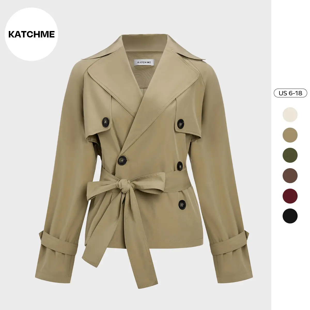 Katch Me Chic Women's Commuter Notch Lapel Double Breasted Detachable Belt Trench Coat, Fall & Winter Plain Wrap Tie Waist Outerwear Jacket, Casual Trench Coat