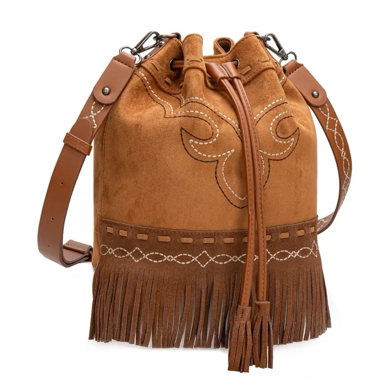 Montana West Boot Stitch Fringe Drawstring Crossbody Bag