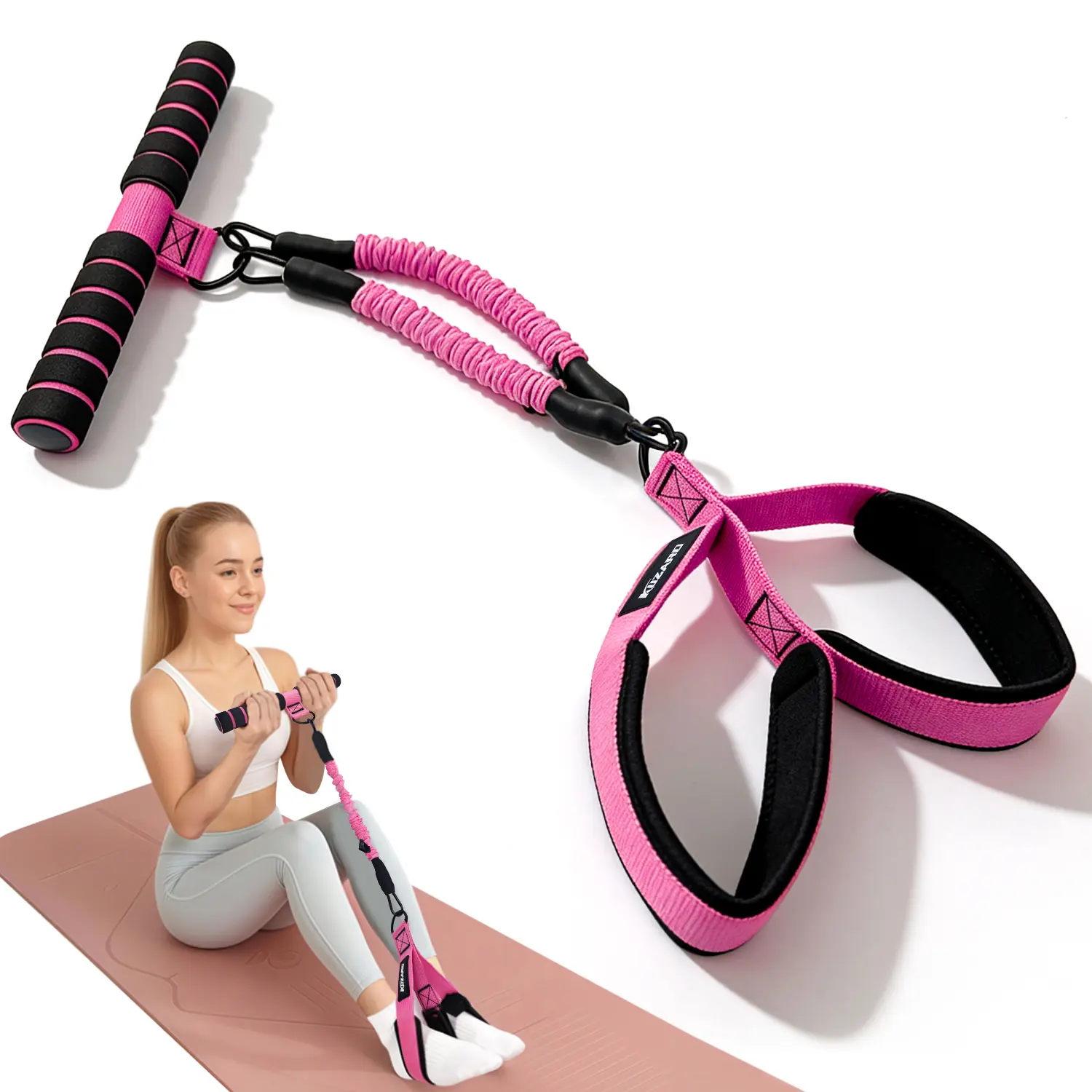 KUZARO Upgraded Multifunctional Pedal Resistance Band - Durable Latex Tubes, Soft Foot Pedals, Adjustable Fitness Tool for Sit-Up, Stretch, Glute Growth - Gym Workout Equipment, Resistance Band Workout Gear, Exercise Equipment