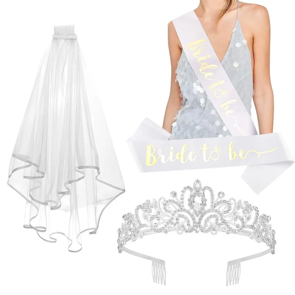 3pcs Crown + Bride To Be Sash + Veil Set, Bachelorette Party Bridal Shower Decorations Bride To Be Gifts Wedding Veil Tiara Bachelorette Veil Bridal Shower for Bride Sash Bachelorette Sash