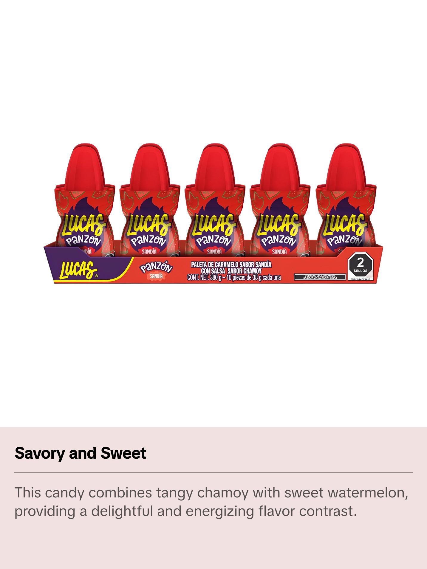 Lucas Panzon Watermelon Flavored Lollipop Candy with Chamoy Liquid (10 Count), Sweet, Savory, Mexican Candy, Dulces Mexicanos Snack Candies Tangy