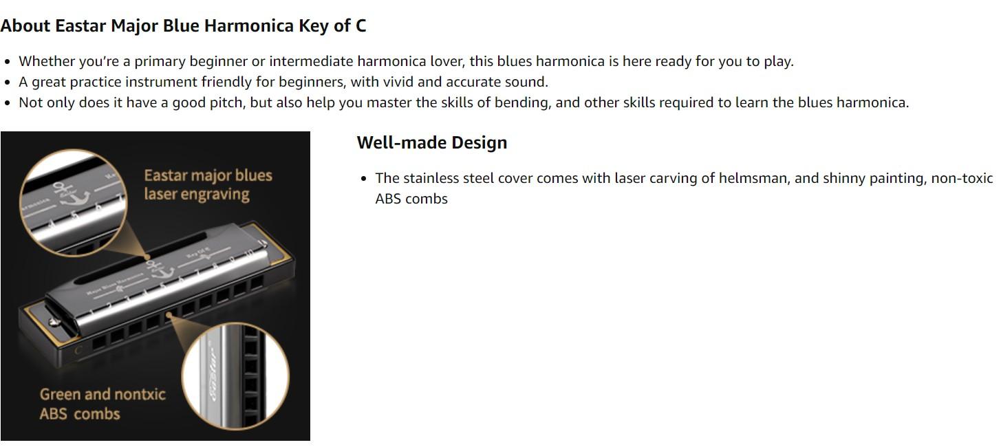 Eastar Major Blues Harmonica, 10 Holes C Key Beginner Harmonica for Kids Children Adults Students, with Hard Case and Cloth, Black Eastar Major Blues Harmonica, 10 Holes C Key Beginner Harmonica for Kids Children Adults Students, with Hard Case and Cloth, Black