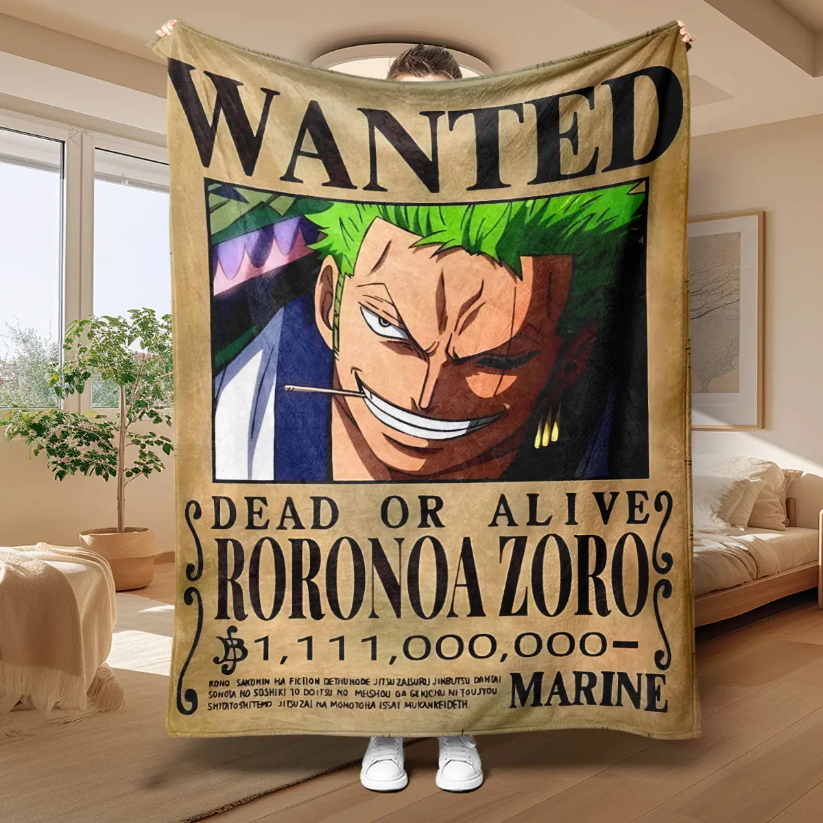 1pc Zoro Bounty Figure Print Flannel Throw Blanket, Retro Style with Wanted Text, Cozy, Soft Warming, Ideal for Bedroom, Home Use, Cozy Throw Blanket, Soft Warming Blanket