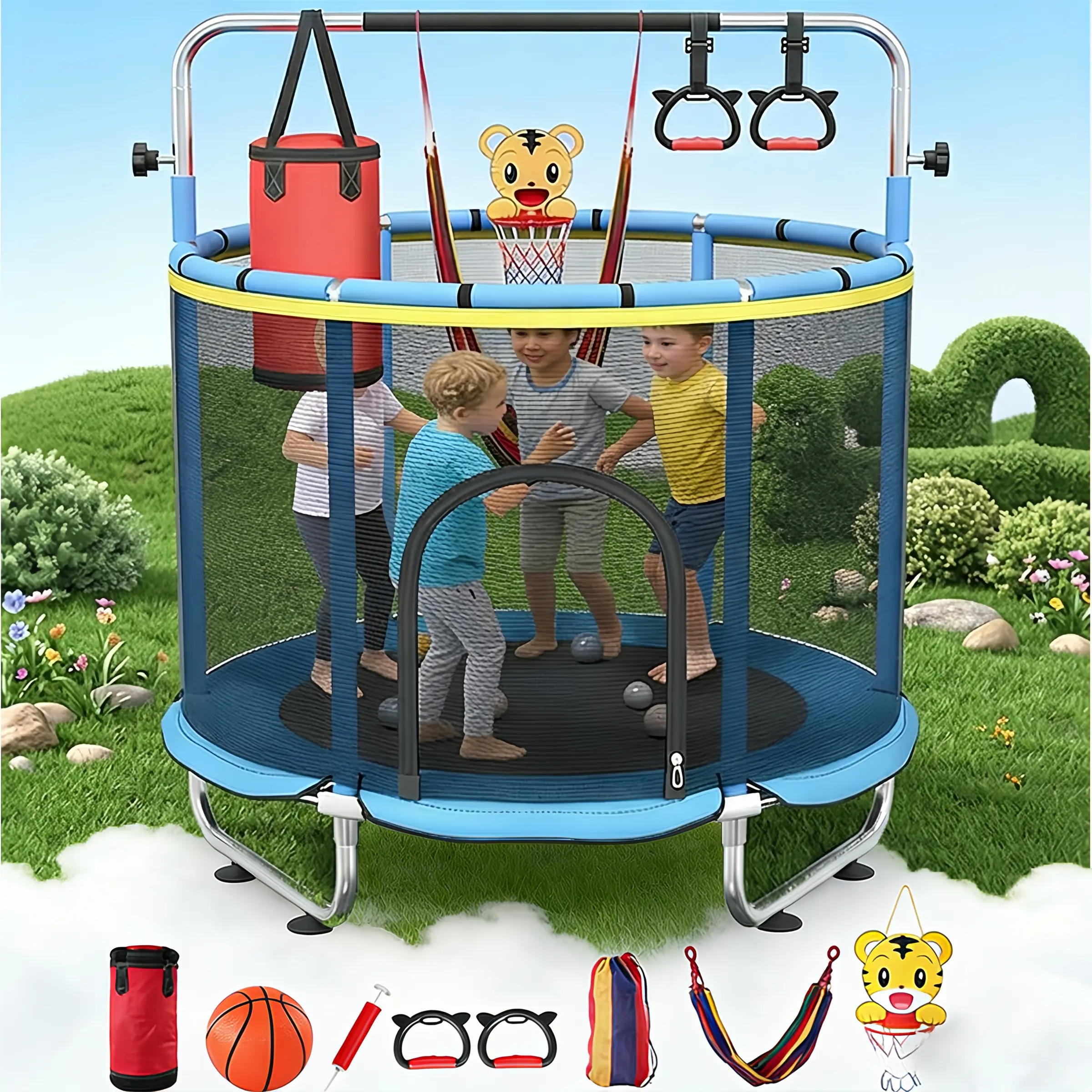 6-in-1 Kids Trampoline with Safety Enclosure Net, 60'' Indoor Outdoor Toddler Trampoline with Swing, Basketball Hoop, Punching Bag, Gymnastic Rings & Inflatable Pump, Perfect Birthday Gift for Boys Girls Age 3-15 - Indoor/Outdoor Trampoline