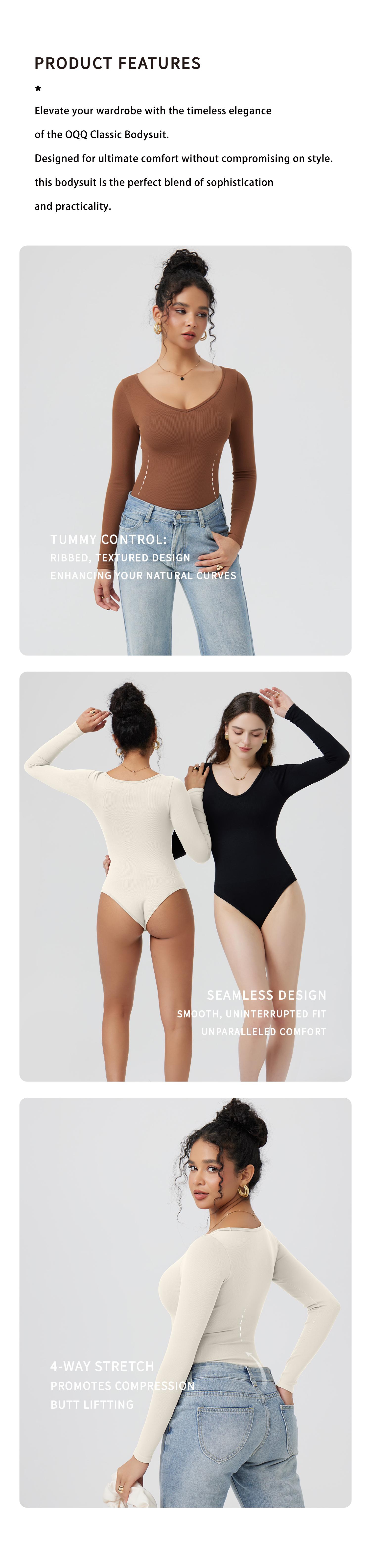 OQQ Women's 2 Piece Ribbed Bodysuit Sexy V Neck Long Sleeve Womenswear Comfort Basic SpringStatements