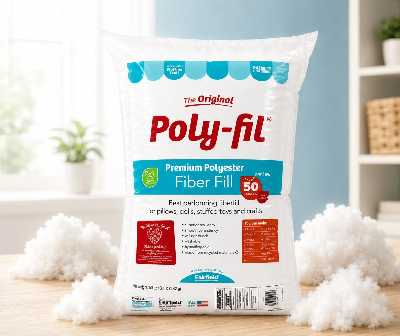 Fairfield Poly-Fil Polyester Fiberfill Stuffing, 50 oz Bag, Premium Soft Fiber Fill for Pillows, Stuffed Animals, Toys, Crafts & DIY Projects, Machine Washable
