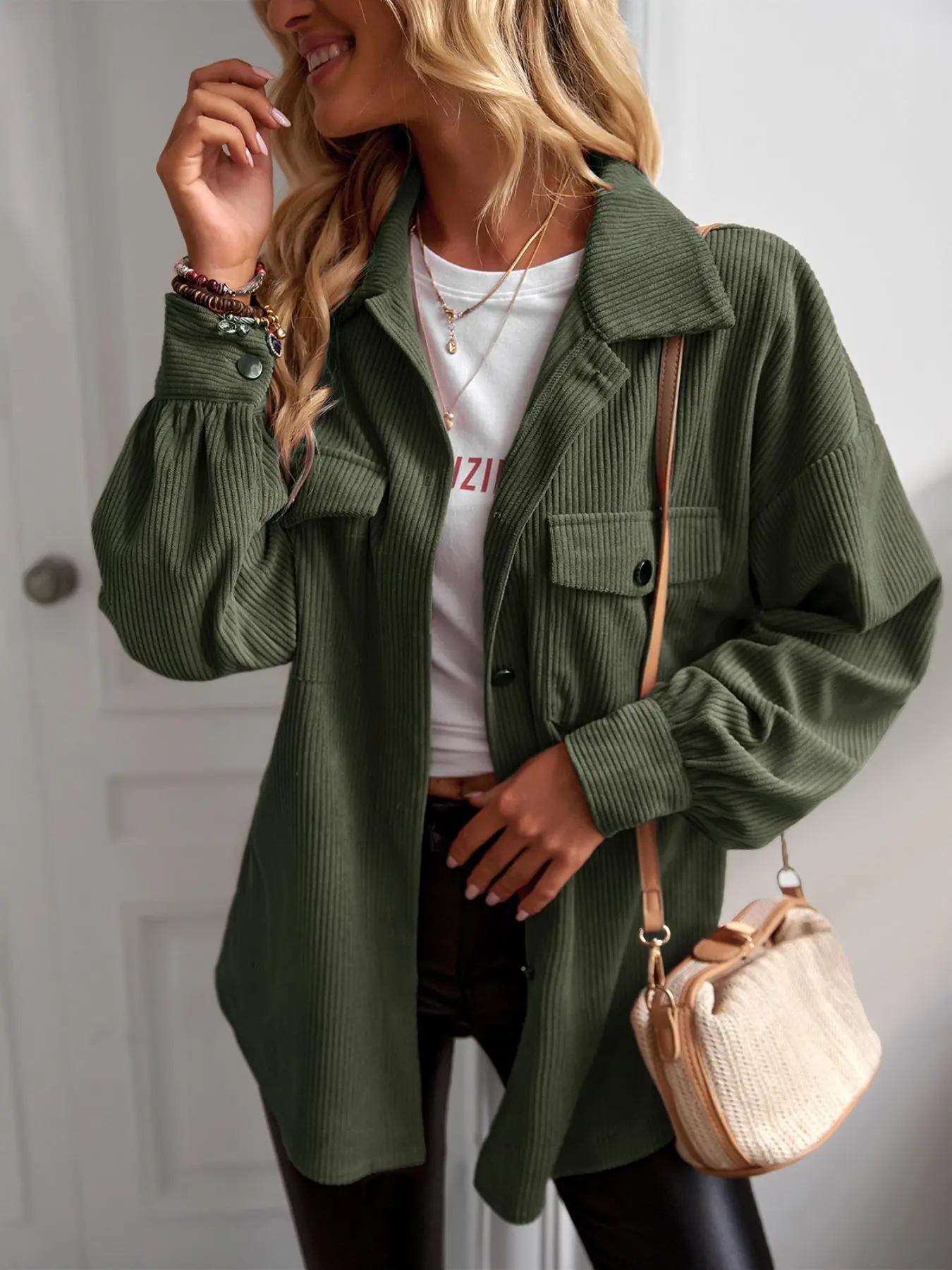 Women's Basic Corduroy Shirt Jacket - Collared Neck, Button-Down, Elegant Cuff Sleeves, Loose Relaxed Fit, Women's Clothes for Casual Commuter & Office Work Outerwear