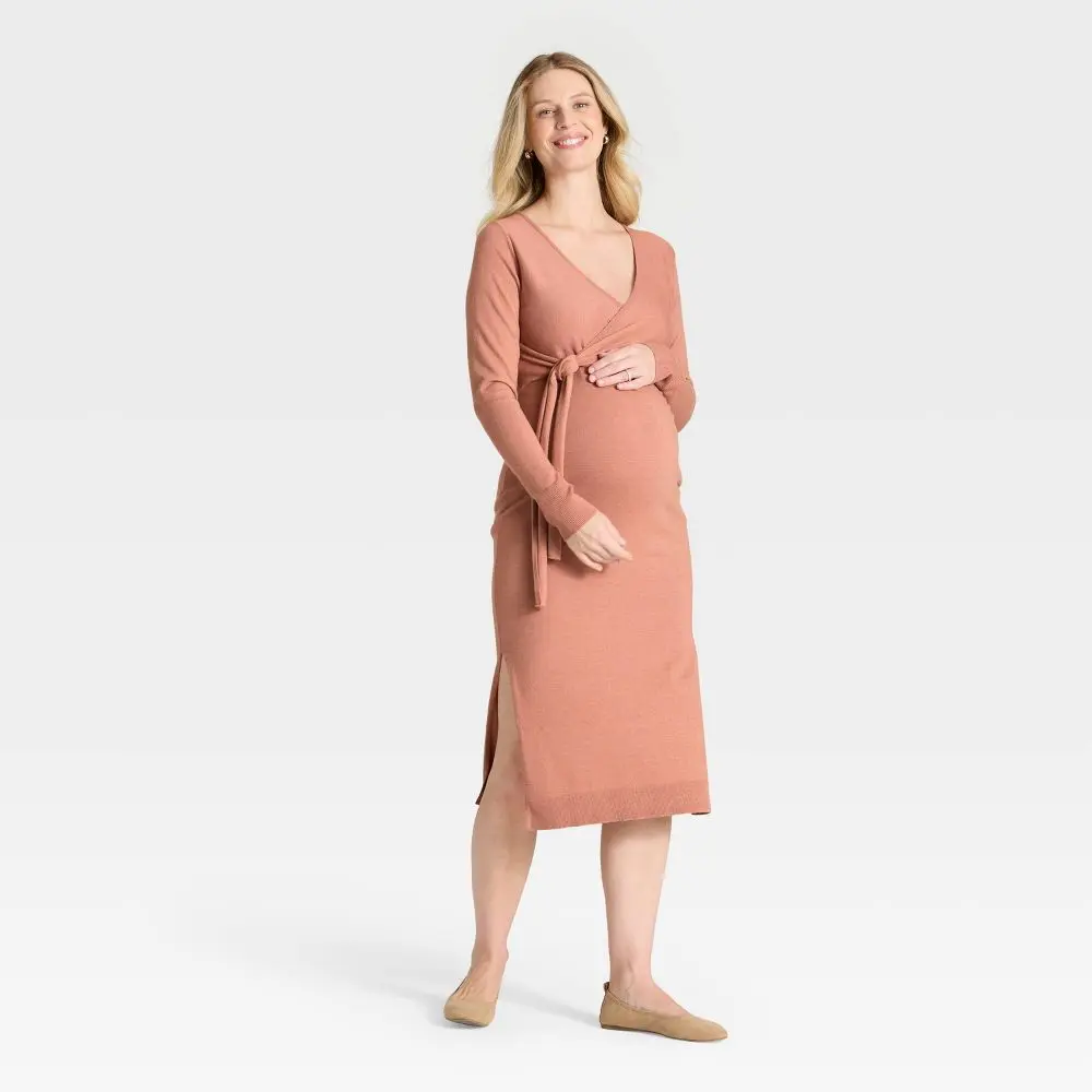 knee length dresses for ladies Long Sleeve V Neck Maternity Maxi Dress with Waist Belt Sage / Small main image 0