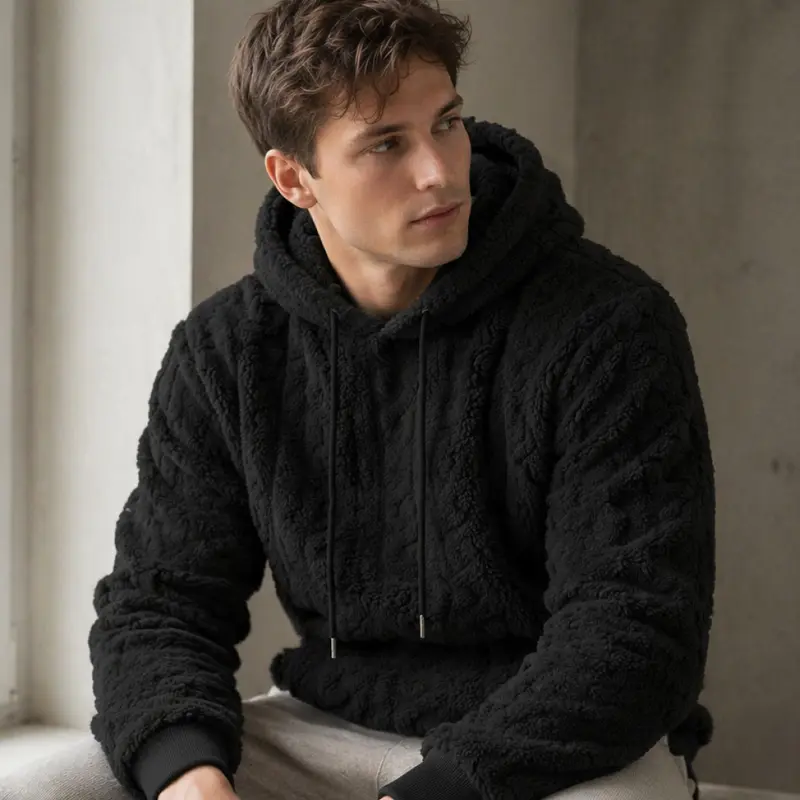 Men’s 3D Plush Texture Hooded Sweatshirt - Thick, Stylish Long Sleeve Plain Polyester Pullover, Warm Menswear Tops for Casual Wear