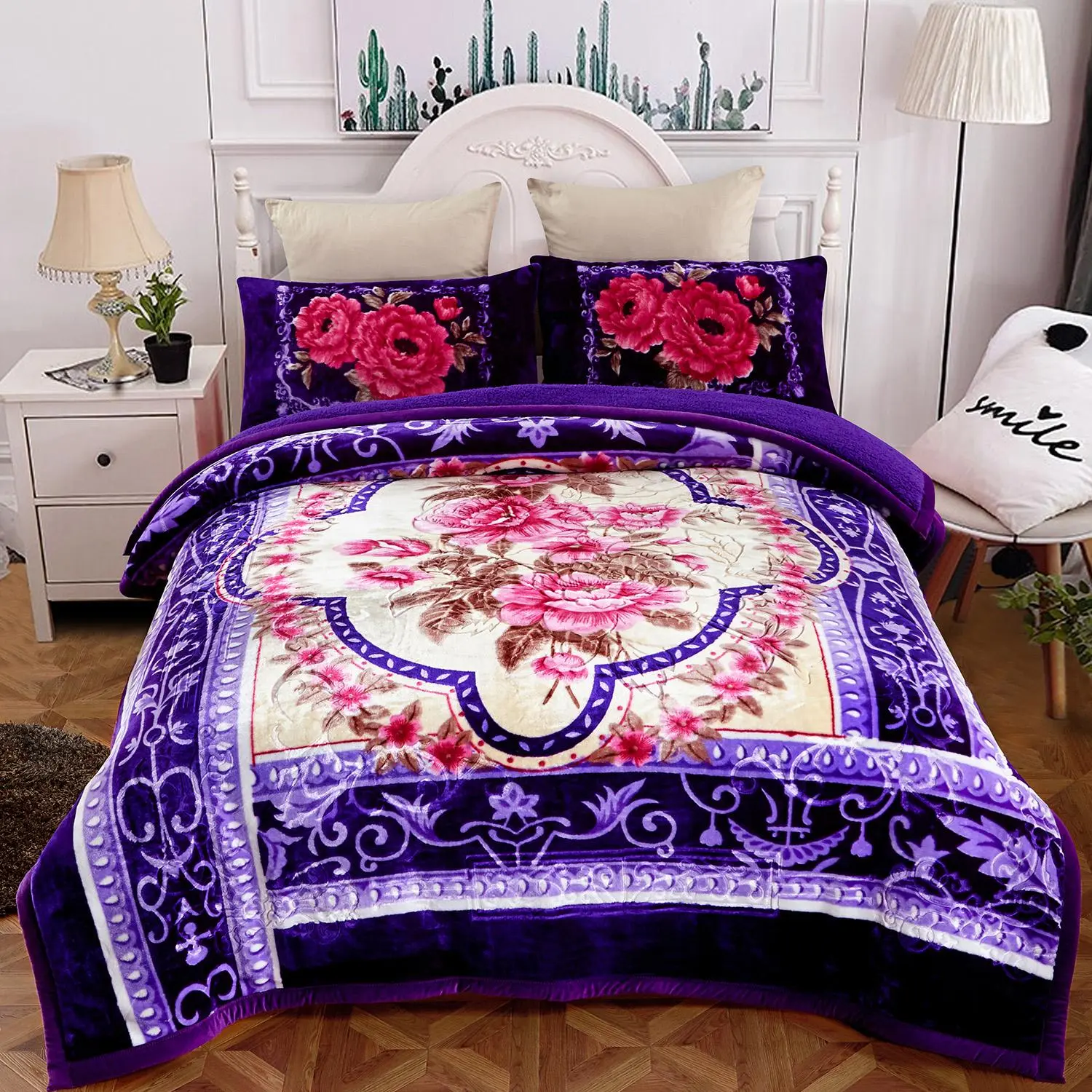 8 lbs 3-Piece Comfy Bedding Sets - Household Bedding Set, Cozy Style Sherpa Flannel Winter Blanket (79"x91") with 2 Pillow Shams (20"x30"), Cute & Comfy Blankets, Thick Luxury Embossed Design, Hotel Style Bedding
