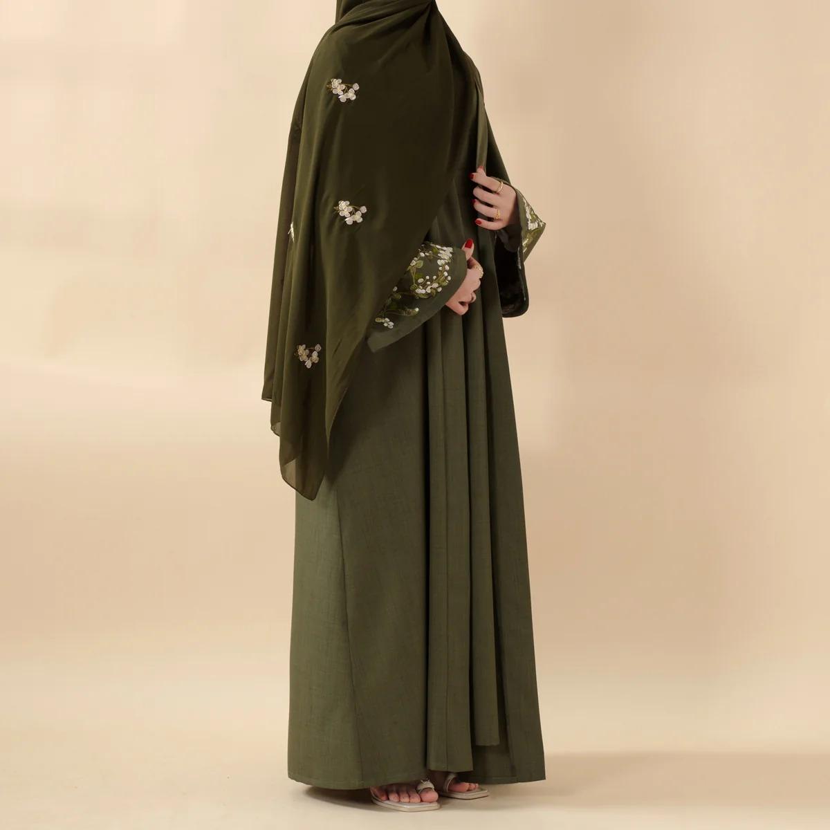 Olive Branch Embroidered Linen Abaya Set | 4-Piece Handmade Design | Jasmine & abaya coats | Symbol of Peace & Resilience | Includes Open Abaya, Inner Dress, Hijab, Belt | Modest Fashion | Full-Length, Wide Sleeves | Perfect for Weddings elega