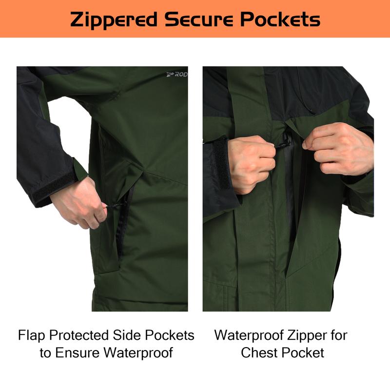 RODEEL 704 Premium Waterproof Jacket w/ Foldable Hood Men Lightweight Breathable Hooded Rainwear Durable Rain Coat Weatherproof Windbreaker For Outdoor Camping Fishing Boating Construction Roofing Landscaping Gardening Menswear, Holiday Gift