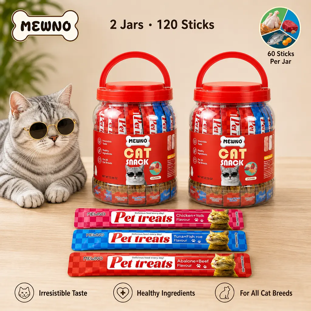 Mewno Squeezable Lickable Cat Puree Treats, 120 STICKS 2 Tubs Value Bundle, 3 Mixed Flavors Chicken Yolk Cod Roe Tuna Salmon Abalone Beef, High Moisture Grain-Free Daily Cat Snacks for Kitten & Adult Cats