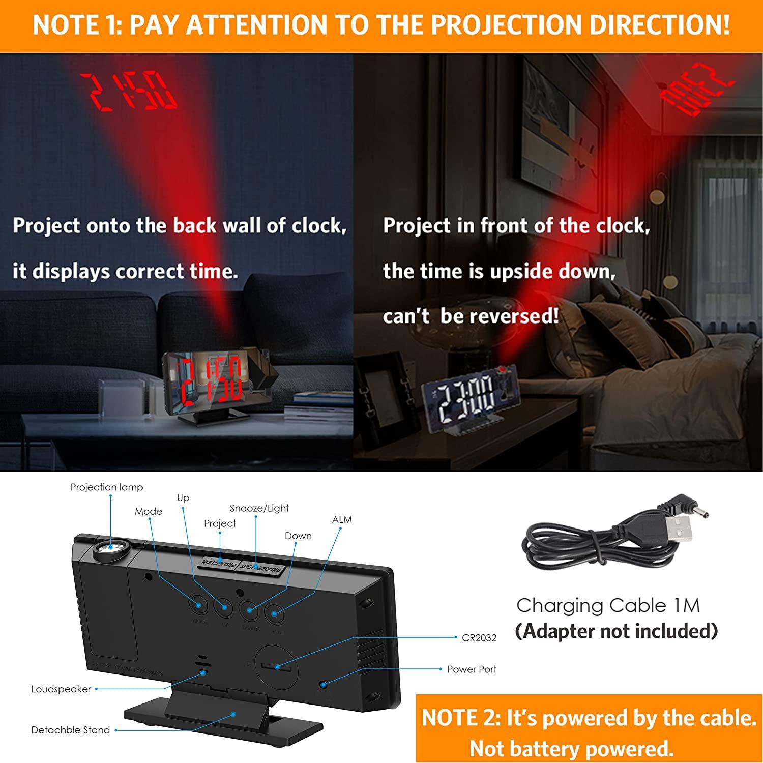 LED Digital Projection Alarm Clock 7.8" Large Display 180 °   Rotatable Projector Date Week Display Adjustable Brightness Sleep Mode Voice Control 12/24H Time Format