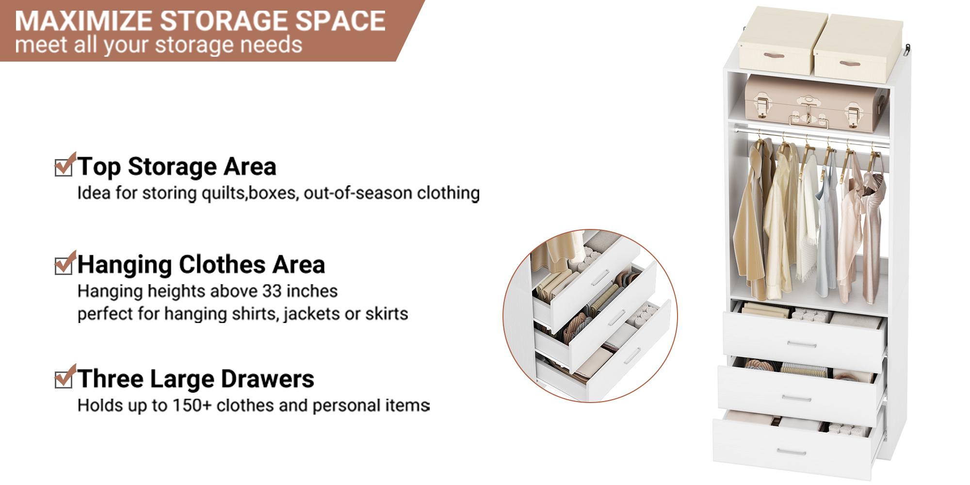 24" W Freestanding Closet Sytem with 3 Wooden Drawers and Hanging Rod, Sturdy 2FT Walk-in Closet Organizer System Wardrobe with Storage Shelves 24" W Freestanding Closet Sytem with 3 Wooden Drawers and Hanging Rod, Sturdy 2FT Walk-in Closet Organizer System Wardrobe with Storage Shelves