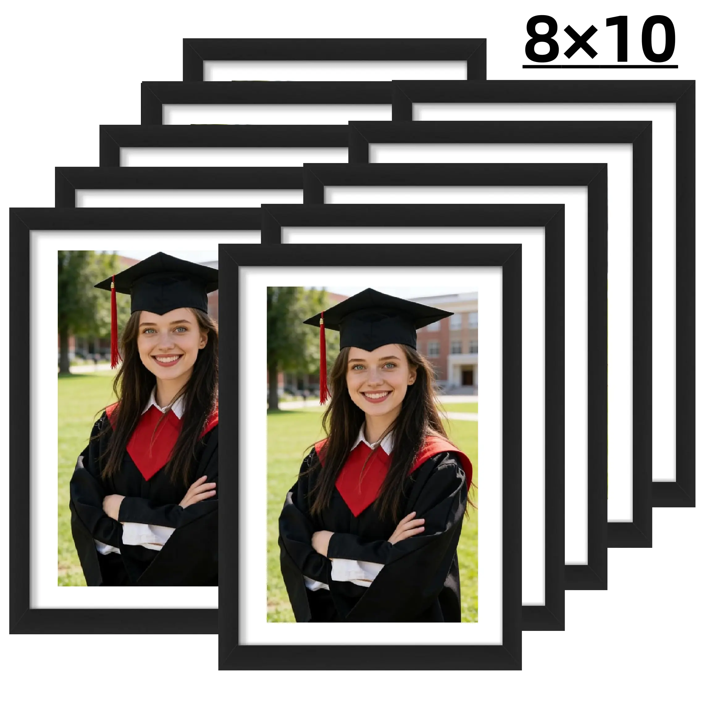 Graduation photo frame set, including 5/10 black photo frames, 4x6 and 8x10 photo frame display boards, and multi-functional photo collage frames, suitable for wall or table display, making it an ideal choice for homes, schools, and offices