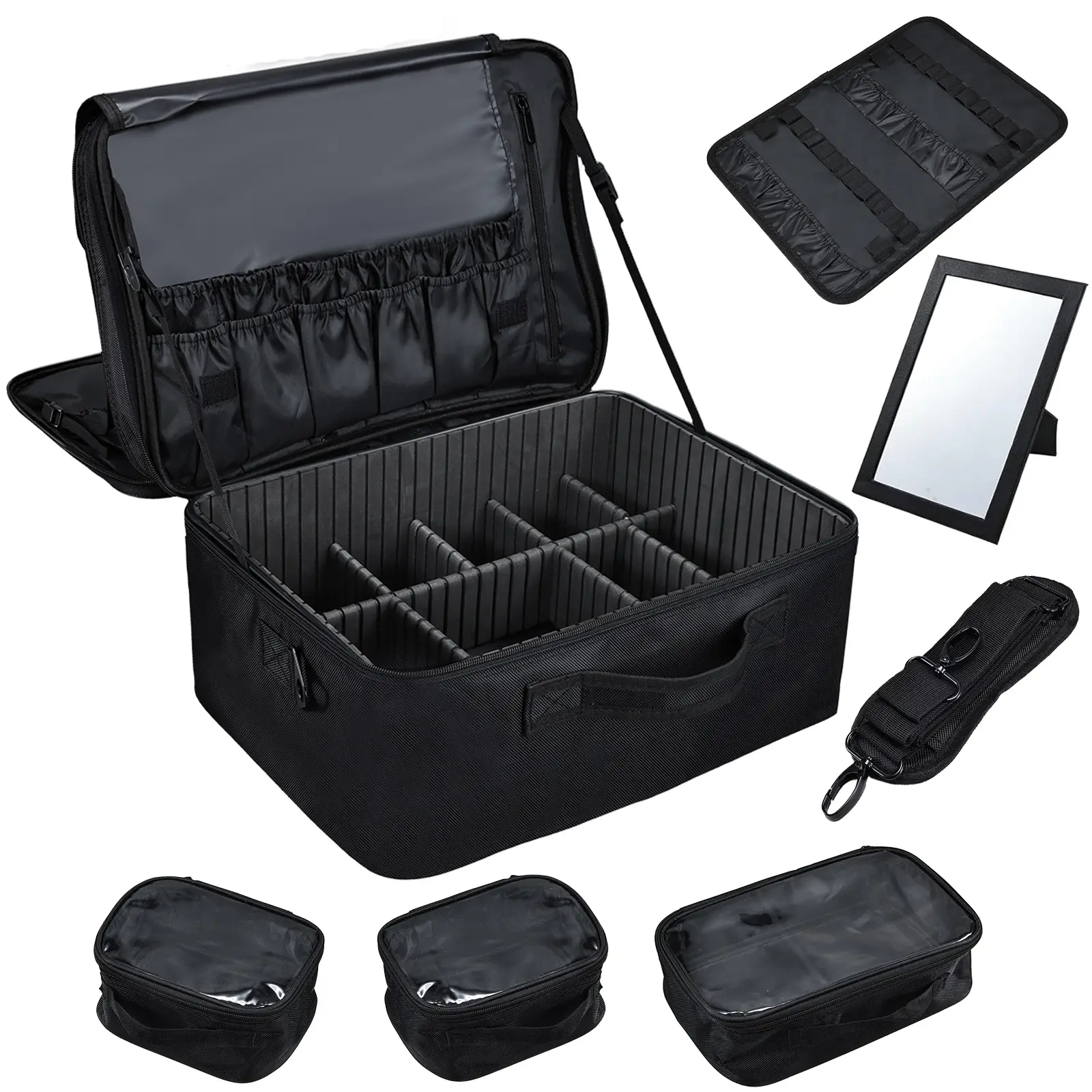 3 Layers Extra Large Makeup Case with Mirror 3 Clear Bags Shoulder Strap Trolley Sleeve Travel Train Case Professional Makeup Box Nail Organizer Salon Barber Suitcase