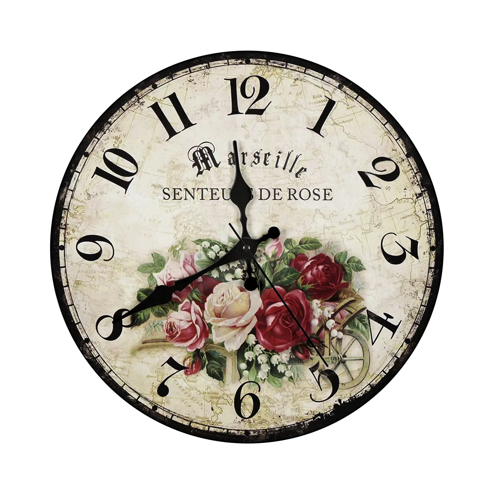 12-Inch Vintage Rose Floral Silent Quartz Analog Wall Clock - Wood MDF Back, Metal Hands, Large Clear Arabic Numerals, Low Noise Battery-Operated, Easy Wall Mount for Farmhouse, Kitchen, Bedroom