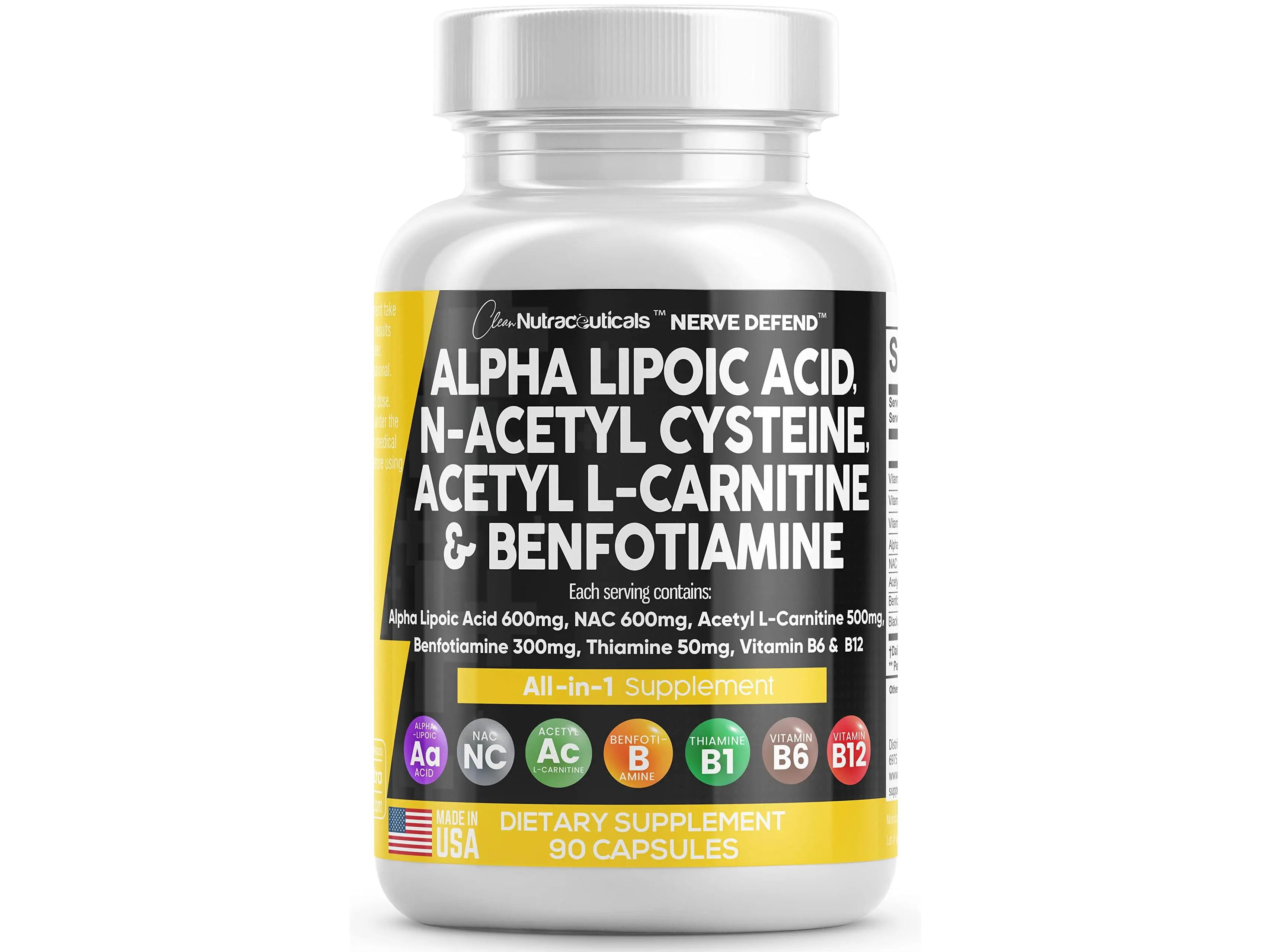 Clean Nutra Alpha Lipoic Acid, N-Acetyl Cysteine, Acetyl L-Carnitine & Benfotiamine for Healthy Nerve Function - Nerve Defend