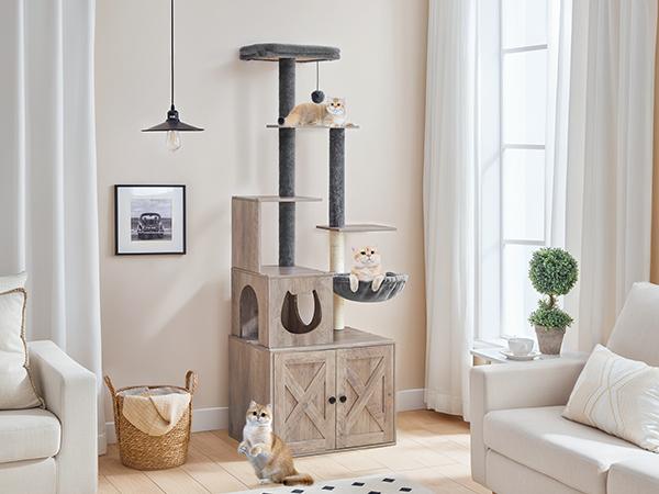 HOOBRO Cat Tree with Litter Box Enclosure, 67.7" H Wooden Multifunctional Pet Furniture with Hidden Litter Box, Perch, Hammock and Scratching Post, Cat Tower for Indoor Cats, Greige