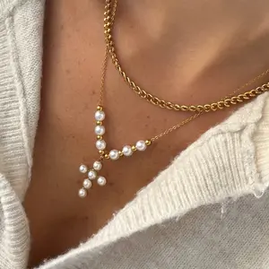 EVRY JEWELS Gold or Silver Plated Women's Hypoallergenic Pearly Blessing Cross Necklace