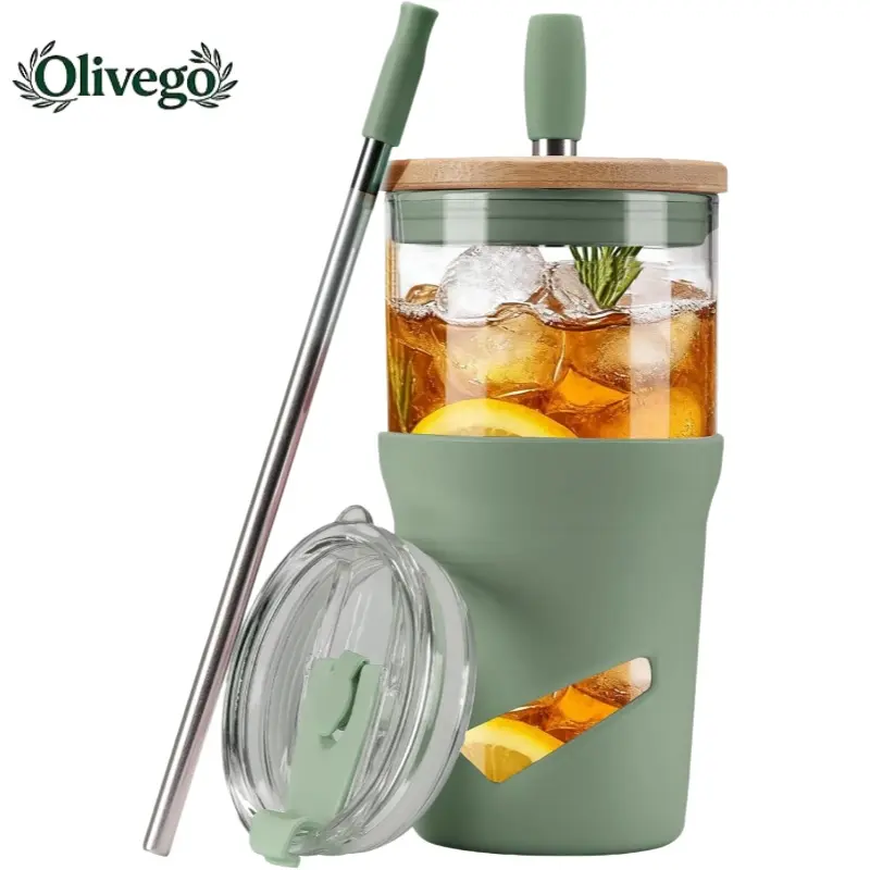【Olivego】20oz Eco-Friendly Reusable Glass Water Tumbler - Portable, Washable 2-in-1 Water Bottle with Bamboo Lid, 2-in-1 Straw, Anti-Slip Silicone Sleeve - Durable, Stylish On-the-Go Iced Coffee Cup for Gifting & Daily Use (Non-Insulated), Water Bottles