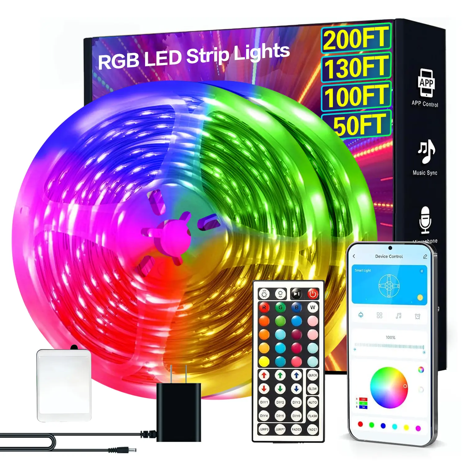 DAYBETTER 100ft RGB Color Changing LED Strip Lights (2 Rolls) with 44-Key Remote & App Control, Music Sync for Bedroom, Party Home Decor