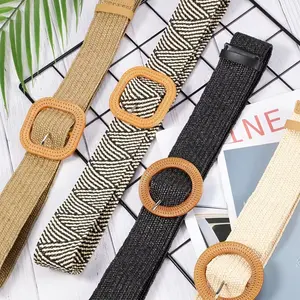 4Pcs Women' Straw Rattan Buckle Belt - Elastic Stretch Skinny Waist Band with Raffia Dress Belt, Retro Colors for Dresses, X-Large & Casual Outfits - Fiber Fashion Accessory