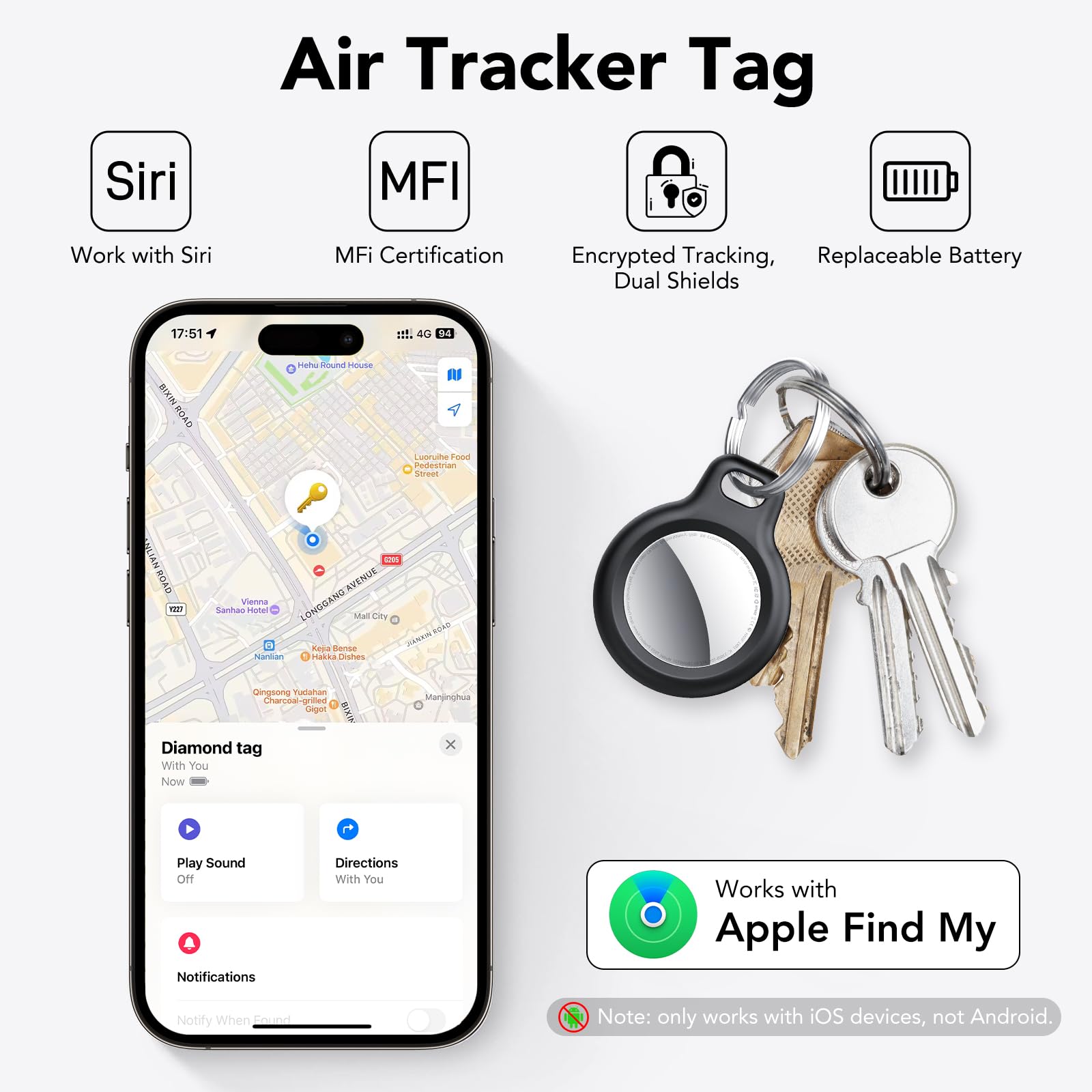 [Spring Deals] Tukio Tx03 GPS Tracker (iOS Only) for Cars & Pets -Mini Clear Design, Weatherproof Case, Anti-Lost Device, Works with Apple Find My (iOS Only), No Monthly Fees, IP67 Waterproof, Replaceable Battery Remote Bluetooth Protection