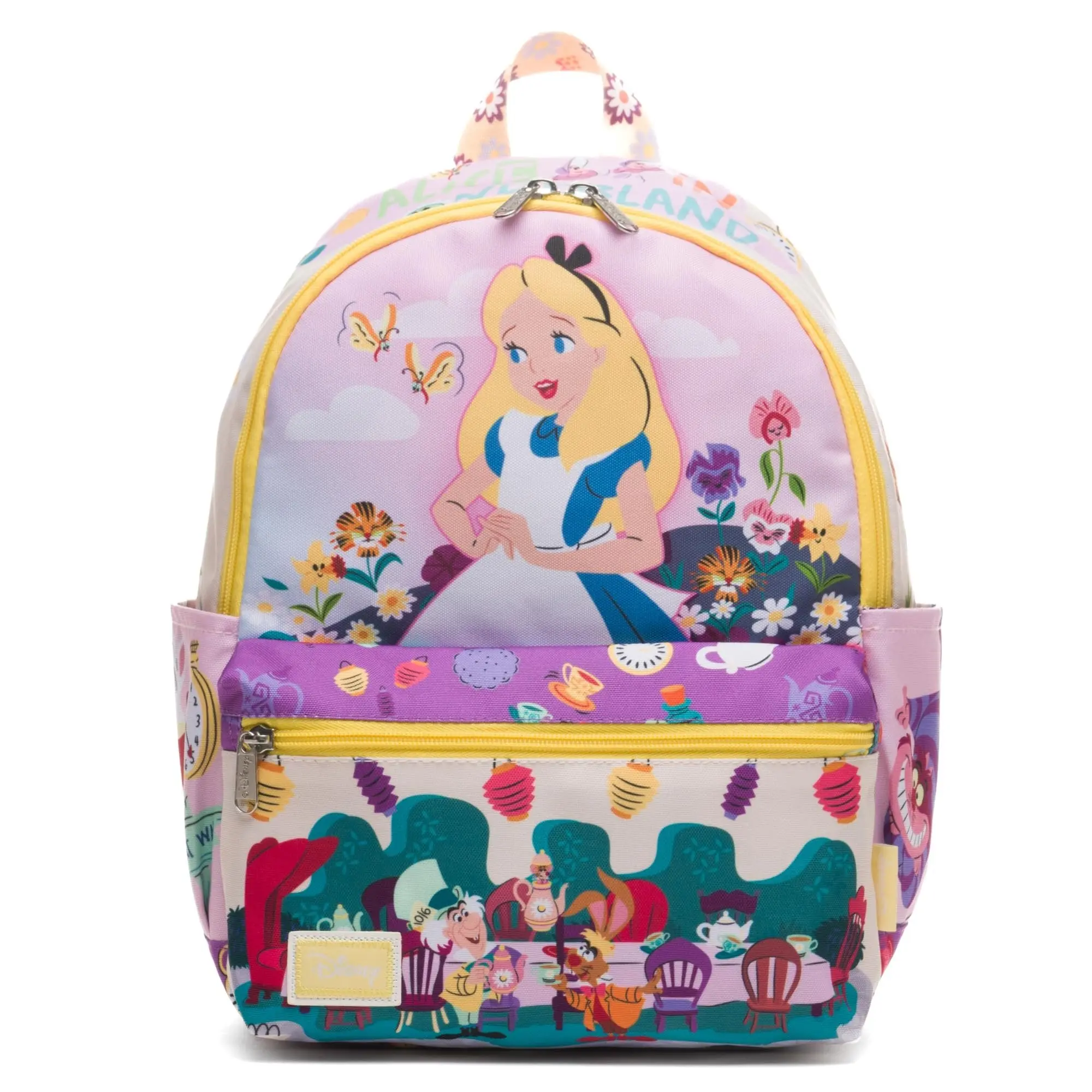 Wondapop Disney Alice in Wonderland Tea Party 13" Deluxe Nylon Fabric Backpack - Casual Travel Bag with All-Over Cartoon Character Art, Synthetic Functional Design, Multiple Zippers, for School Use