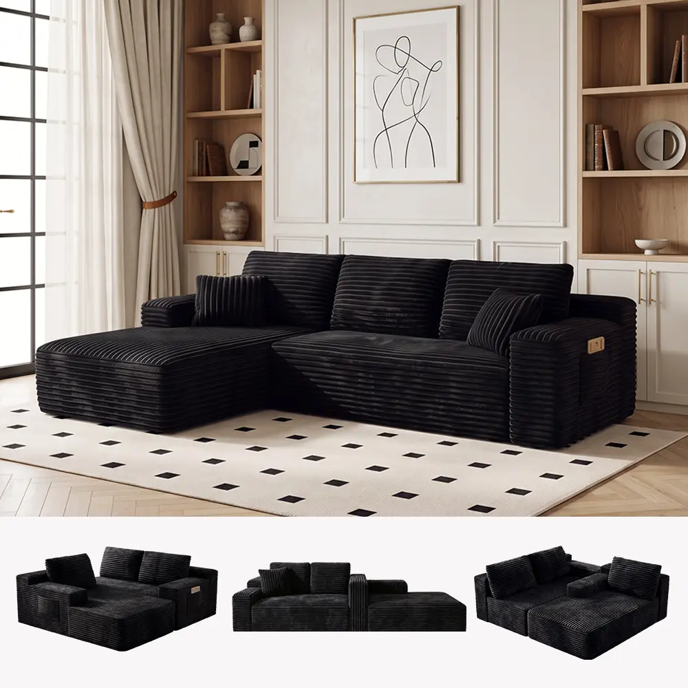NordFun 96-inch Frameless Modular Sofa Set with Chaise Lounge, L-Shaped Comfortable Corduroy Plush Sofa, Deep Seat Design, No Assembly Required