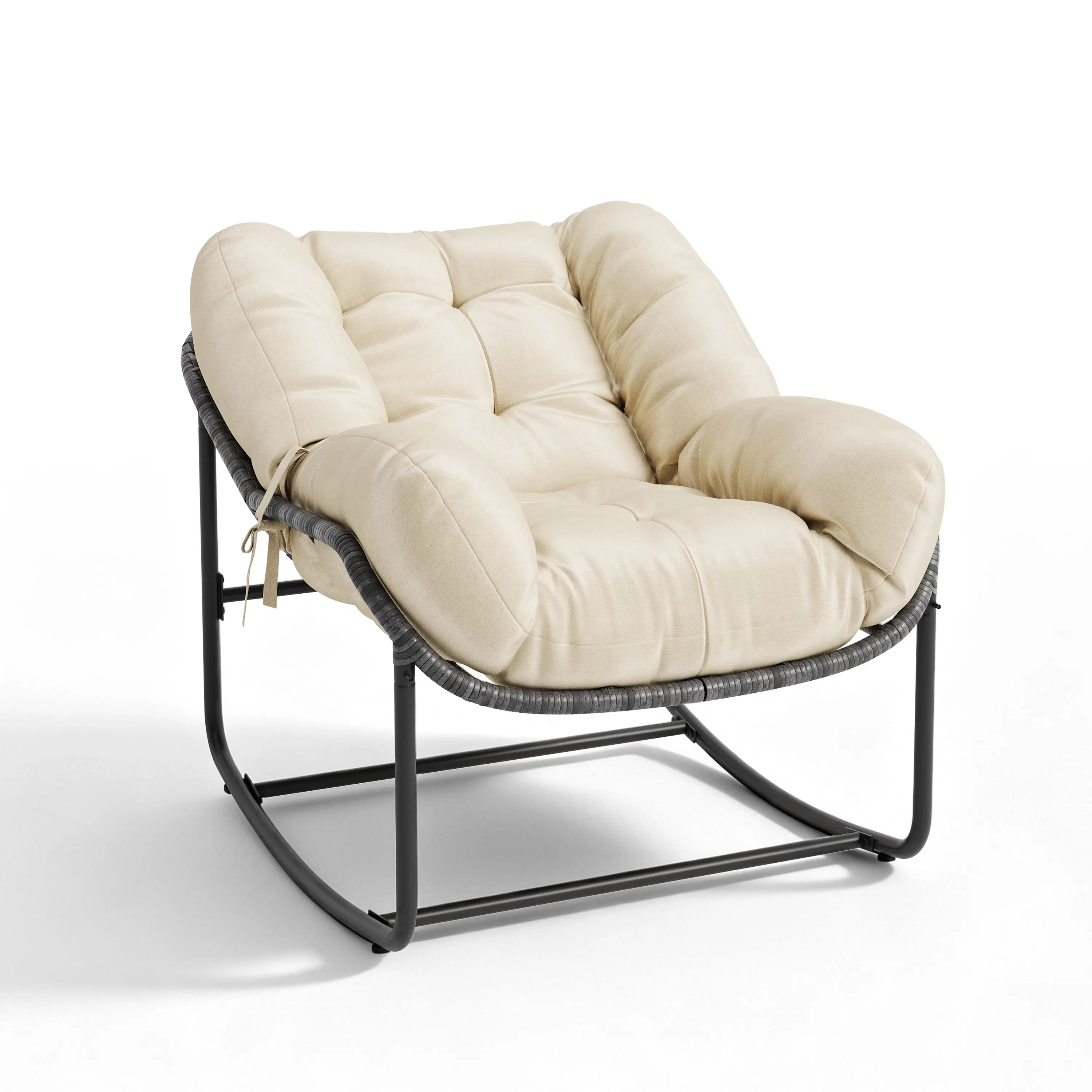 Oversized Egg-Shaped Wicker Patio Rocking Chair - Reinforced All-Weather Rattan Frame with Soft Removable Cushion, Comfortable Lounge for Patio, Balcony, Porch, Garden, 330 lbs Capacity