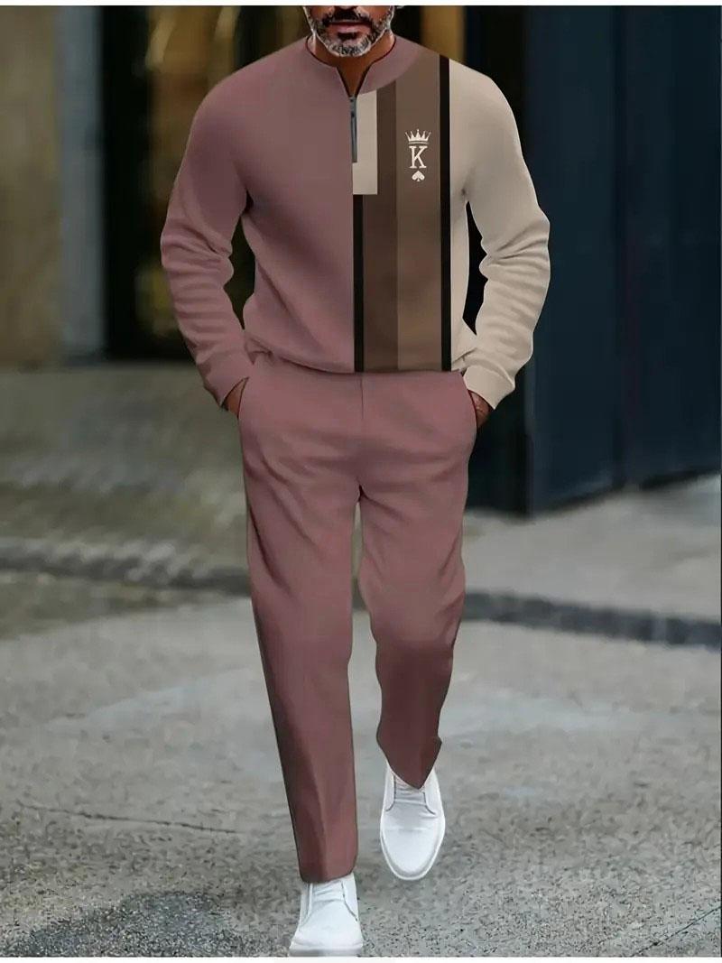 Men's Fashion Casual Zipper Stand Collar Long Sleeve Hoodie & Pants Set in Light Blue with White Stripes and Navy Blue Bottoms