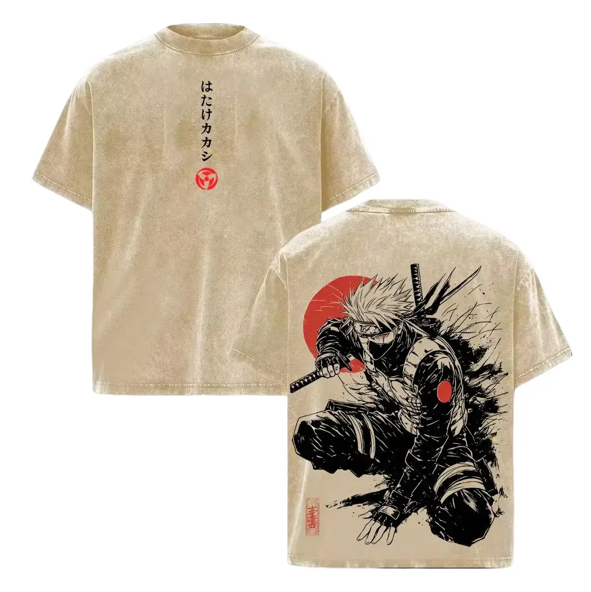Kakashi Hatake T-Shirt Naruto Anime Vintage Washed Tee Sharingan Ninja Graphic Shirt Oversized Japanese Streetwear Dark Aesthetic Manga Top Unisex Casual Anime Fashion 100% Cotton Garment Dyed Super Soft Pre-Shrunk Round Neck Tshirt