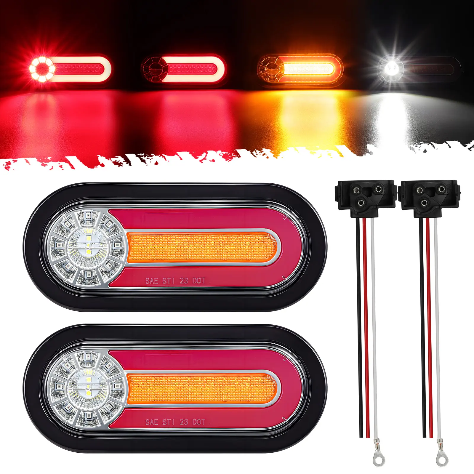Partsam Oval Round LED Trailer Tail Lights with Halo Glow, Stop Turn Tail Brake Reverse Combo Red/White/Amber, IP67 Waterproof Flush Mount Grommet Kit 10-30V
