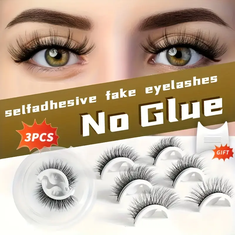 [3 Pairs] Self-Adhesive Glue-Free False Eyelash Clusters, 3D Fluffy Curly & Dense Lashes, Natural Reusable Synthetic Fiber Lashes, Essential For Daily & Party Makeup, Eye Cosmetics, Faux Mink Cat Lashes, Perfect Gift For Girlfriend, Holiday Gift