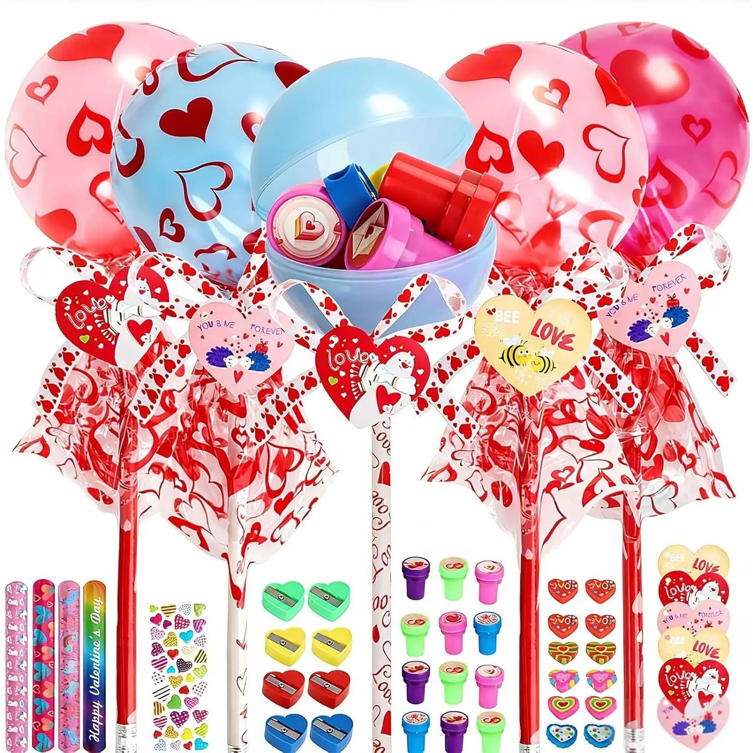 24-Piece Giant Colorful Lollipop Kids' Gift Set with Accessories, Hearts, Cards, Wristbands, Pencils, Stickers, Erasers, Stamps, Pencil Sharpeners - Ideal for Valentine's Day, Birthday, Classroom Exchanges