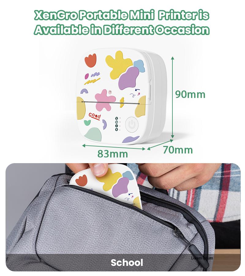 XenGro Mini Printer Bluetooth included 3 Roll label Thermal Pocket Printer,Inkless Small printer B&W Printing Only for Photos, Study Notes, Lists,Memos, Journals Printing Machine Sticky Label, Birthday Gifts for Kids White