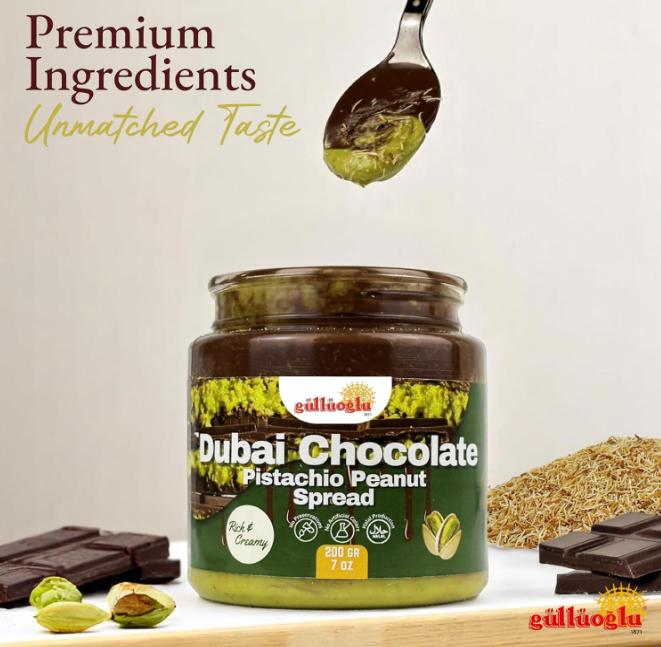 Gulluoglu Dubai Chocolate Pistachio Peanut Spread – Rich & Creamy Middle Eastern Chocolate Paste with Roasted Pistachios & Peanuts, 7 oz (200g) Jar – Gourmet Halal Dessert