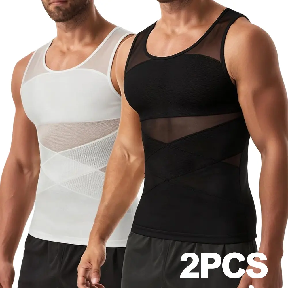 2PCS Men's Seamless Compression Tank Top, Fitted Shapewear Garment with Tummy Control & Gynecomastia Support
