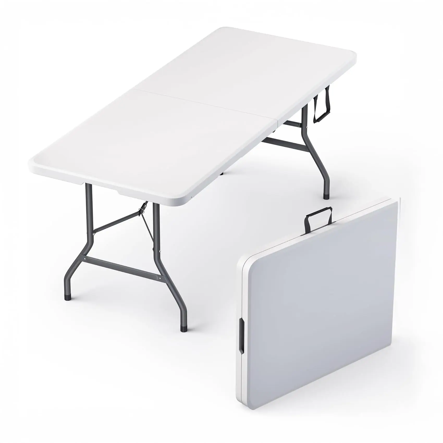 Folding Table 6 Foot for Indoor Outdoor, Portable Heavy Duty Fold-in-Half Utility Plastic Foldable Dining Table with Carrying Handle for Picnic, Camping and Party, White Folding Table Outdoor Indoor Heavy Duty Portable Table with Carrying Handle