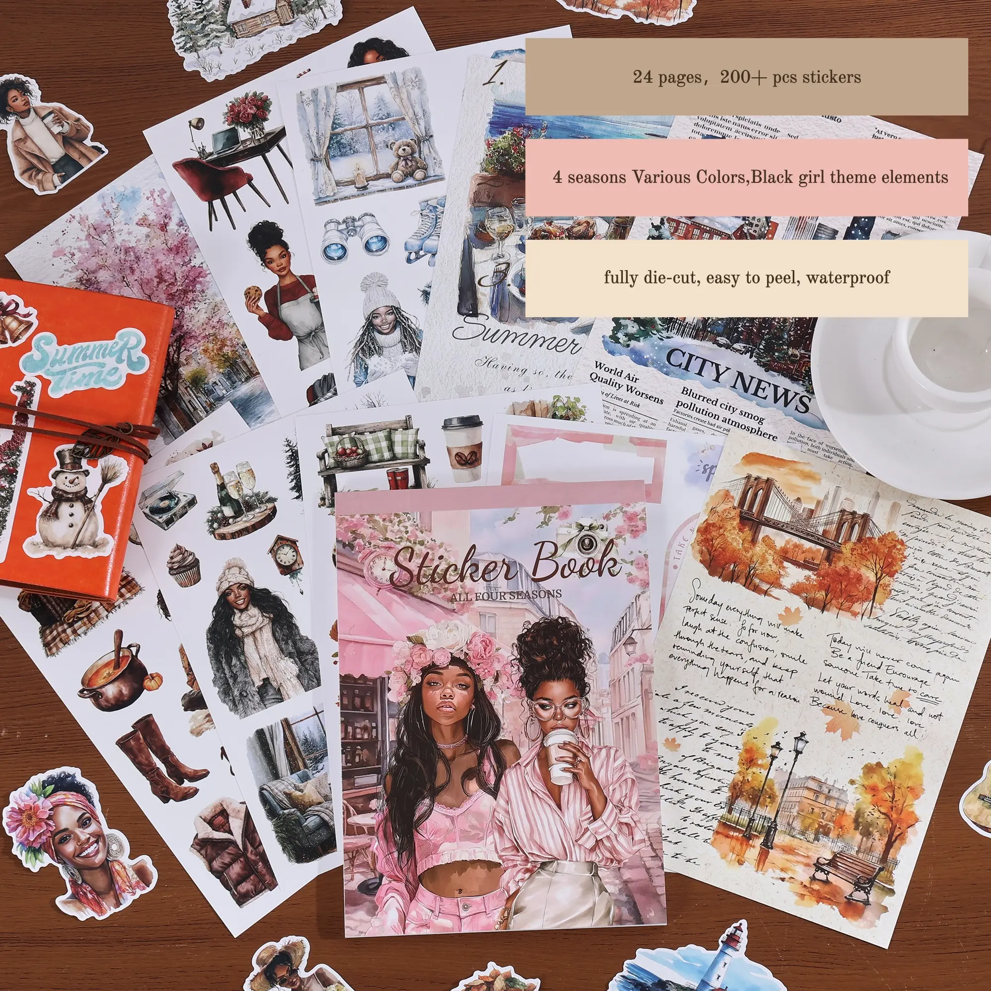 Black Girl Art Aesthetic Sticker Book - 24 Sheets Premium Hand-Drawn Waterproof Pre Cut Journal Cut Out Sticker Collage Pack, Decorative Decals for Women's Planners, Laptops, Scrapbooking DIY Accessories, Aesthetic Stickers