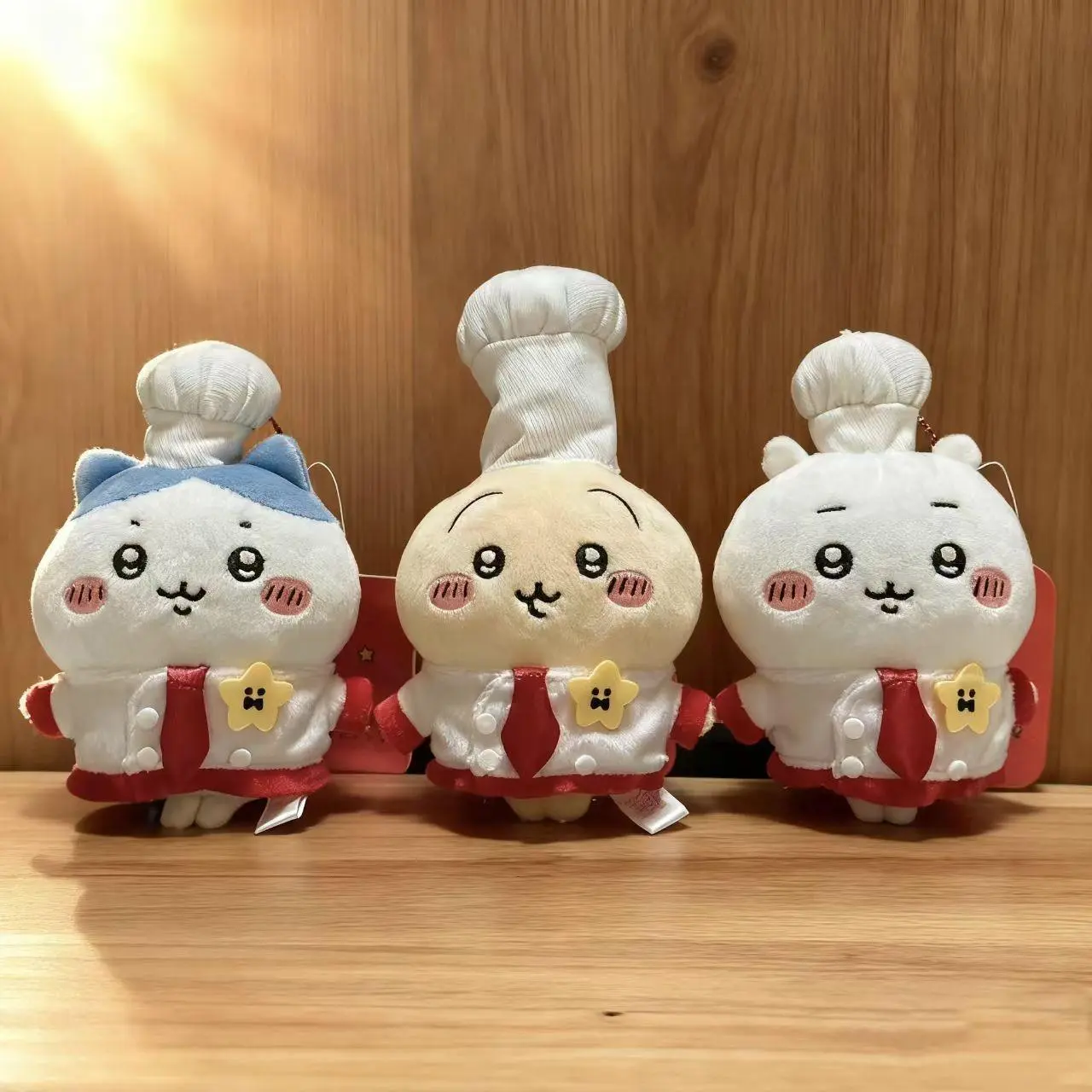 Japanese-Style Cute Chiikawa Restaurant Chef Keychain Figures Bundle Set - 3-Piece Fabric Plush Cotton, Small, Red Apron, Yellow Star Badge, Usagi/Hachiware/Chiikawa Characters, Gift Keychain for Car Keys, Three Pieces