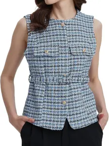 LifeShe Women Tweed Blazer Vest Button Down Sleeveless Elegant Blazers Jackets Business Office Waistcoat With Belt