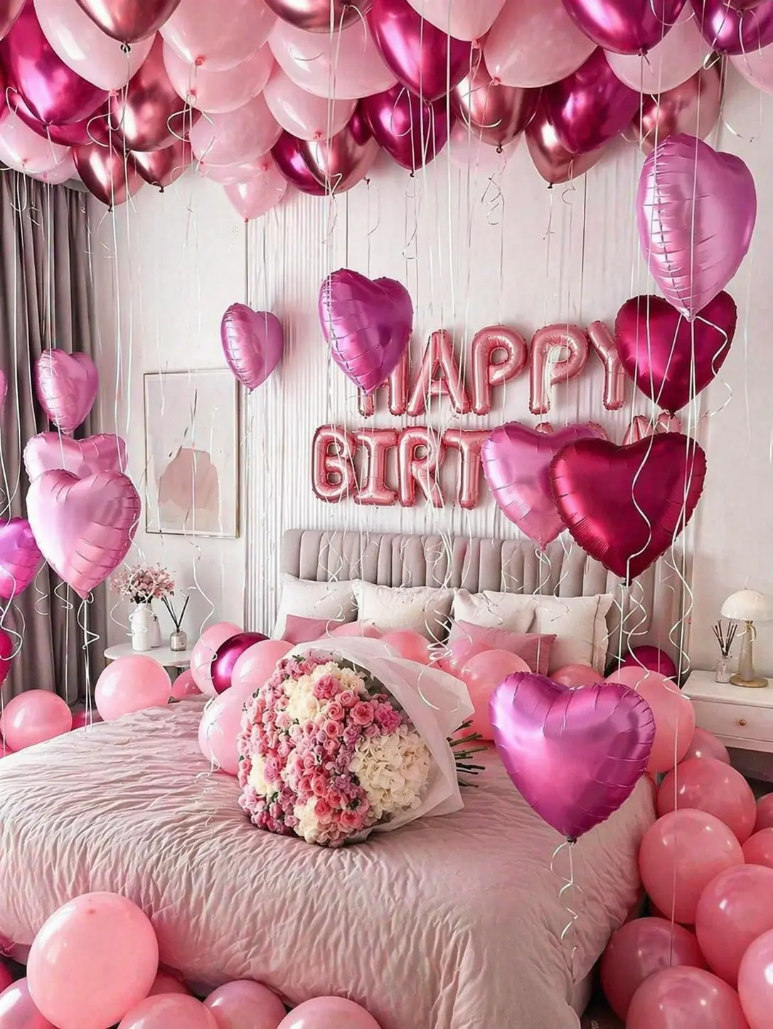 49PCS Pink Happy Birthday Balloon Decorations, Letter Balloon Banner with Heart Foil & Metallic Pink Balloons, Party Backdrop Decor