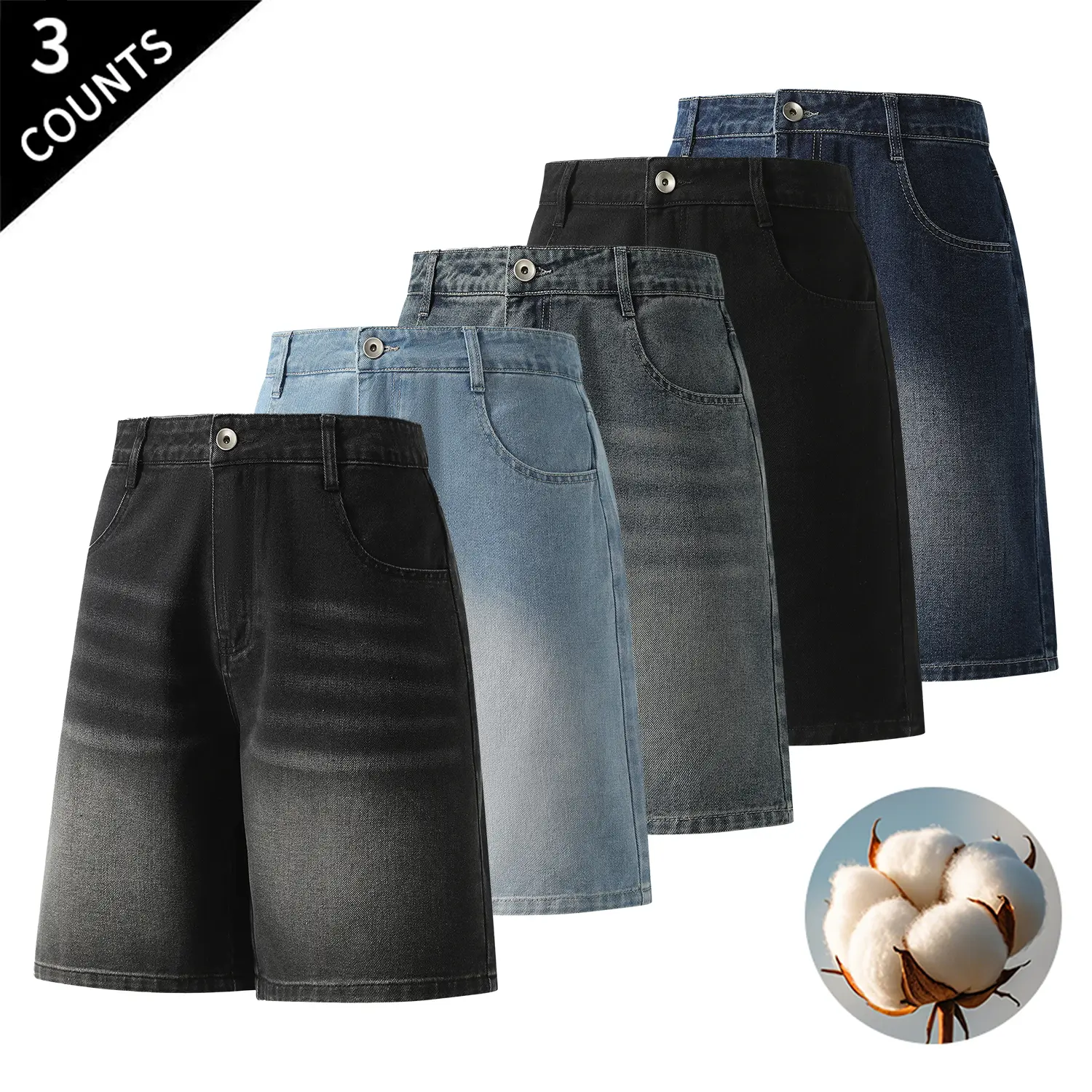 3-Pack Men’s Cotton Vintage Washed Bermuda Jeans – Loose Wide-Leg Knee-Length Jorts, Relaxed Fit Denim Shorts, Multicolor Pack, Casual Streetwear for Summer Everyday Outfits for Men